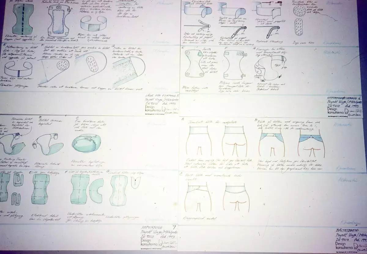Skisser, modeller och presentationsmaterial på projekt "Vinga" (blöja)