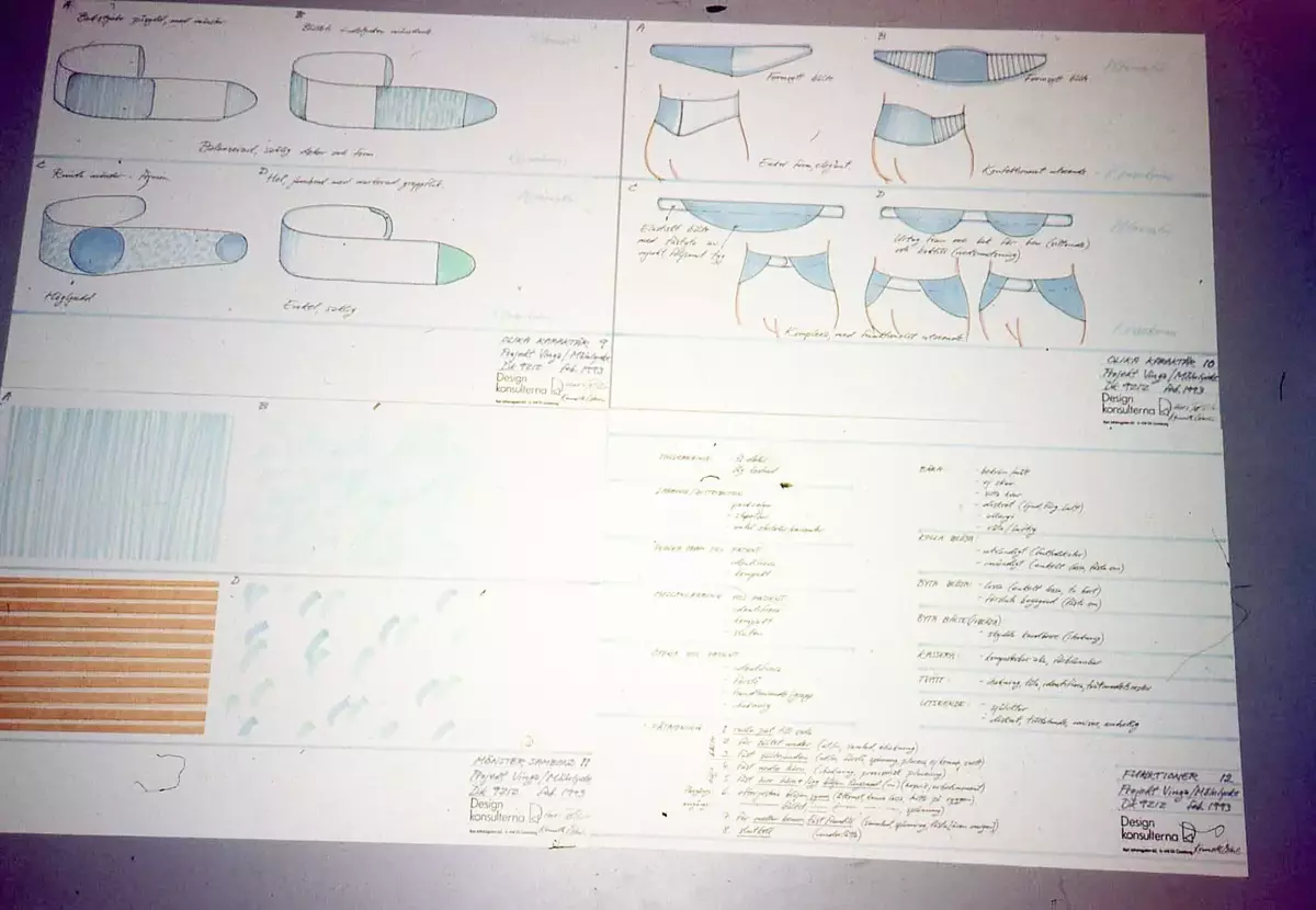 Skisser, modeller och presentationsmaterial på projekt "Vinga" (blöja)