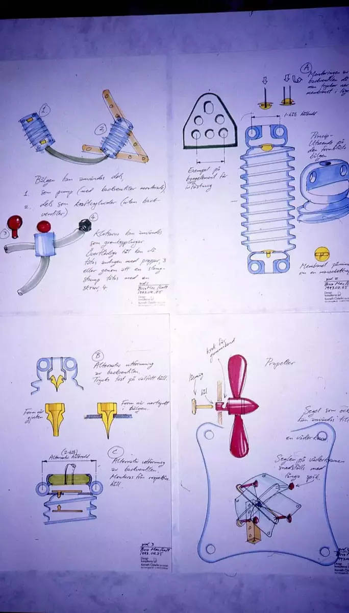 Nya koncept för BRIO Mec byggsats. Tekniksatser som kugghjul och pneumatik (luft), figurer och verktygsbälte. Designskisser och modeller.