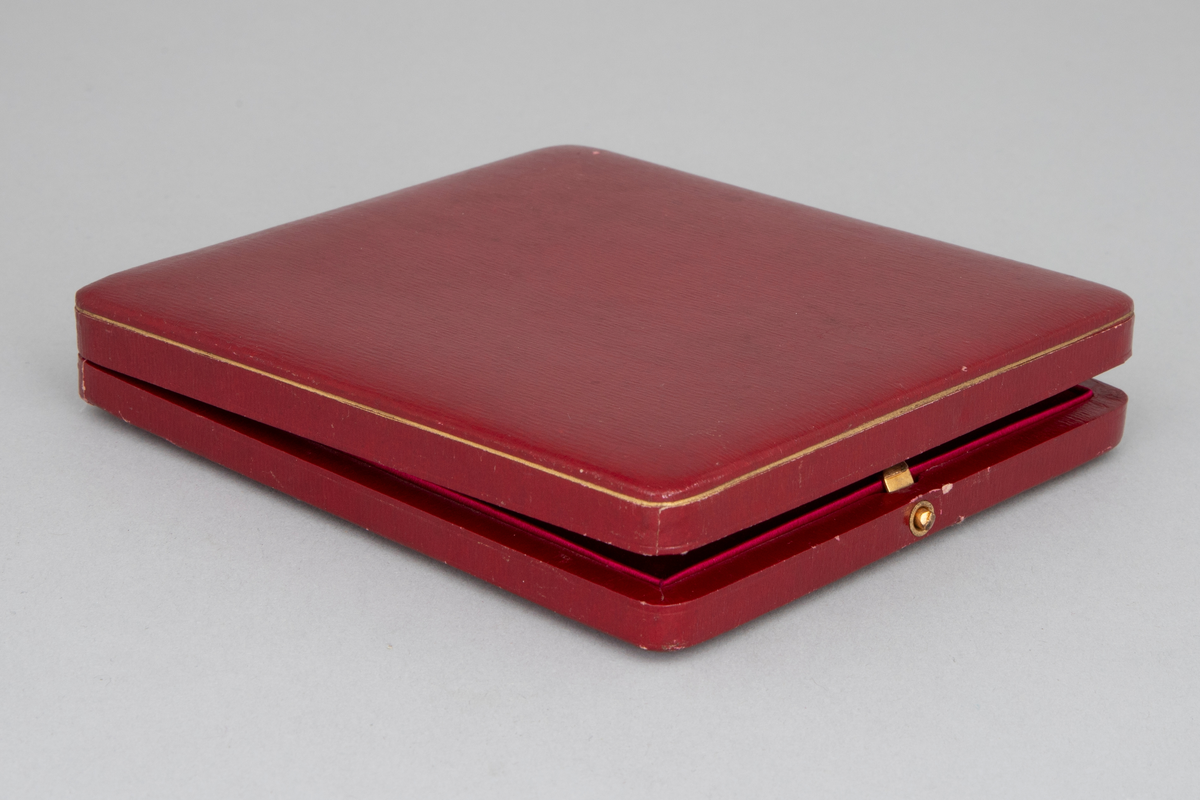 Kvinneportrett i oval ramme av bronse; brystbilde i halv profil mot høyre. Portrettet er uført i oljemaling på skinn. Kvinnen har på seg en svart utringet kjole med perlebroderi, rosa rose og lyst sjal ved venstre skulder. Hun bærer et svart bånd med perler og stener rundt halsen. Maleriet er under glass, rammen er profilert, med en skråriflet kant ved innerste profil. Forgylt papplate med påskrift på baksiden.
Tilhørende eske med hengslet lokk. Esken er trukket med rødt skinn, innvendig rød silke og fløyel. Innvendig i lokket forgylt trykk: "Sophie Hoff, datter av General Nikolai Hoff og hustru Marie Hambro".