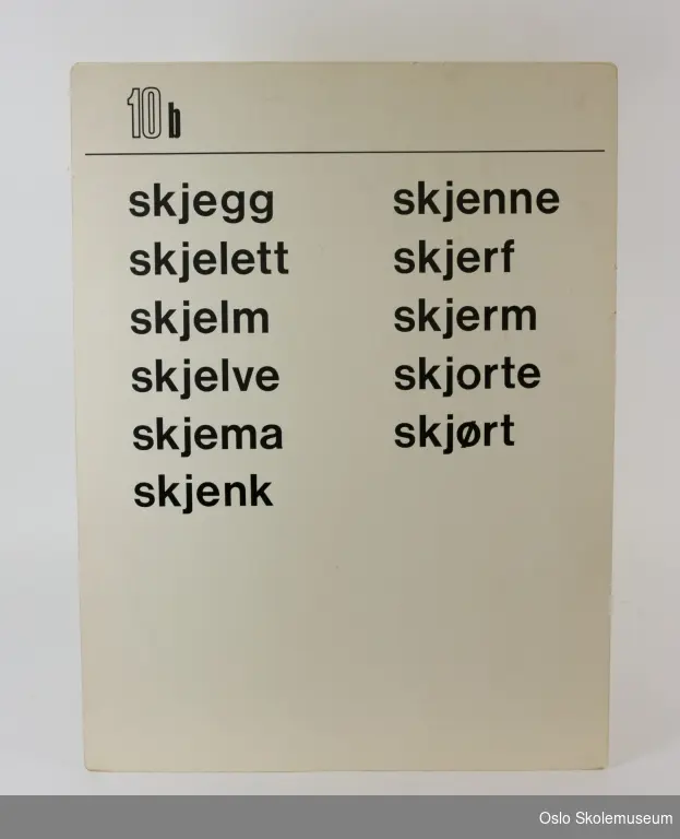 Plansje som hører til plansjeverket "Skriv rett" av Sigrun Vormeland som hører til "Steg for steg i norsk". På den ene siden er det trykket "10a" og på andre siden "10b". På førstnevnte er det illustrasjoner. På den andre er det ord.
