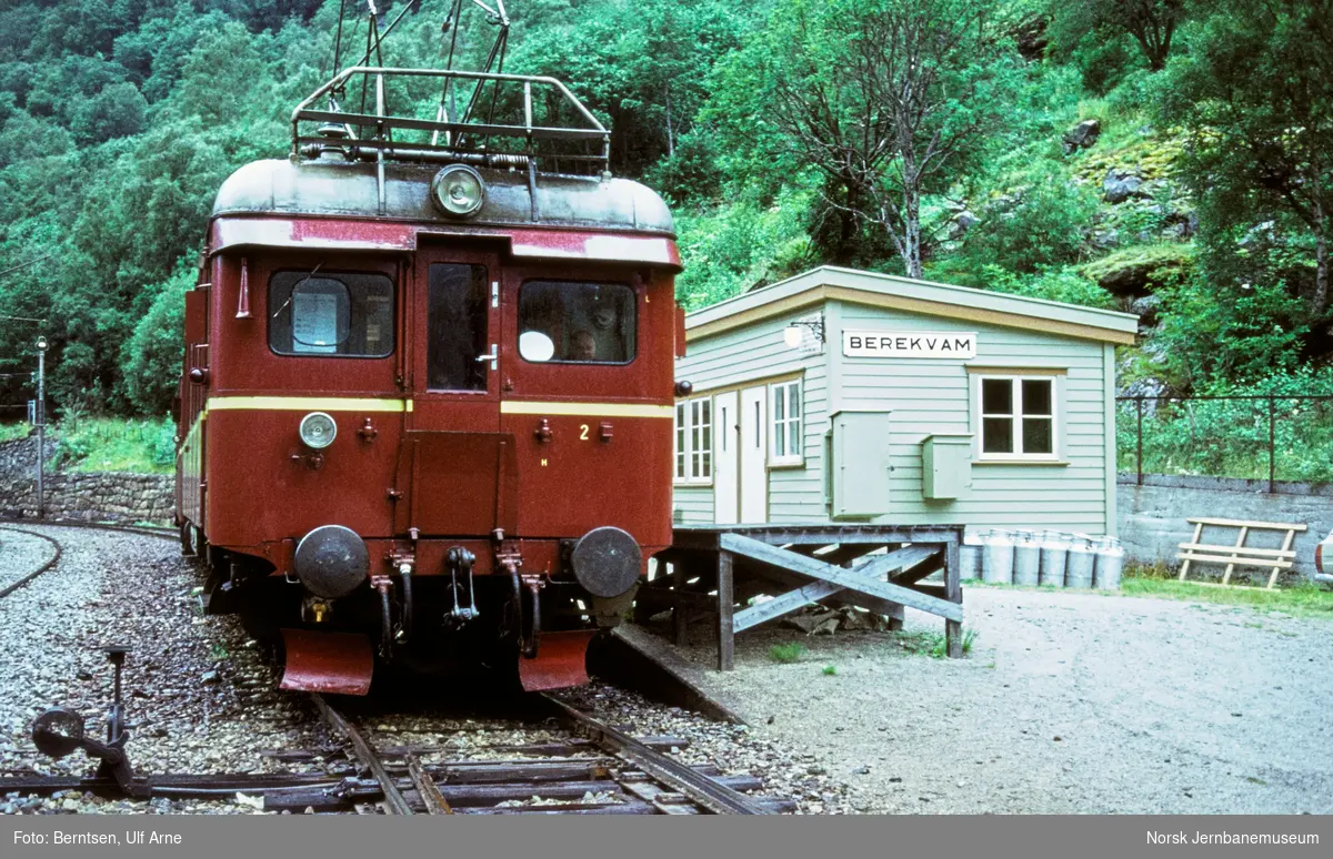 Elektrisk motorvogn BM 64 med persontog til Flåm på Berekvam holdeplass