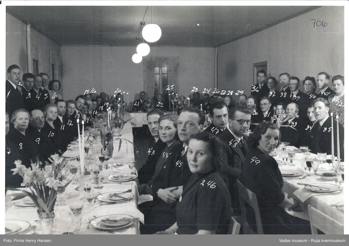 Vadsø 1948. Festmiddag i anledning Vadsø Handelsstand Forenings jubileum i 1948.
Deltagere på jubileet; 1 Petter Johannessen 2 Gerd Ånstad, 3 Andreas Esbensen, 4 Lisbeth Esbensen, 5 Henry Hansen, 6 Fru Øverdahl, 7 Peder Langseth, 8-11Ukjent, 12 Elsa Dørum Persen, 13 Henry Pedersen, 14 Ukjent, 15 Ukjent, 16 Andreas Joki, 17 Fru Joki, 18 Valborg Hansen. 19 Ukjent, 20-29 Ukjent, 30 Ingrid Johannessen, 31 Ukjent, 32 Martha Hansen, 33 Olav Hollum, 34 Ukjent, 35 Rolf Hansen, 36 Johan Grønvigh, 37 Fritjof Nikodemussen, 39 Ukjent, 40 Ella Esbensen, 41 Leif Haldorsen, 42 Anny Iversen, 43 Leif Bjerck, 44 Sofie Klemetsen, 45 Ivar Iversen, 46 Fru J. Grønvigh, 47 Erling Grønvigh, 48 Finn Ånstad, 49 Åshild Haldorsen  ( se nummer markert på bilde 2).