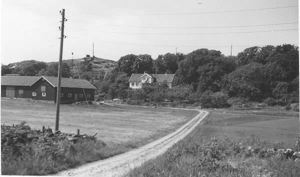 Landsbygdsvy från Hunsås, Onsala, med östra gården; bostadshus och ekonomibyggnader.