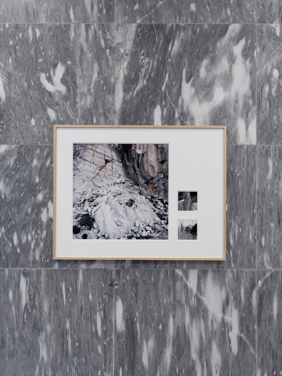Monica Flakk bor og arbeider i Oslo, der hun også er utdannet på Kunsthøgskolen. Kjernen i hennes produksjoner omhandler steiner og fjell, som formidles gjennom fotografi og avstøpninger. Kunstverket "Marks in the Archive #1" består av ulike fotografiske utsnitt med naturstein, som er satt sammen til en komposisjon. Utsnittene bidrar til en anonymisering av geografiske beliggenhet og størrelse. De blir fragmenter av en større helhet, der farger, strukturer og den geologiske historien fremheves. Fotografiene i samspill blir et fortellende grep som forsterkes ved at verket er montert direkte på fauskemarmoren i lokalet, og knyttes opp til bygget i seg selv.