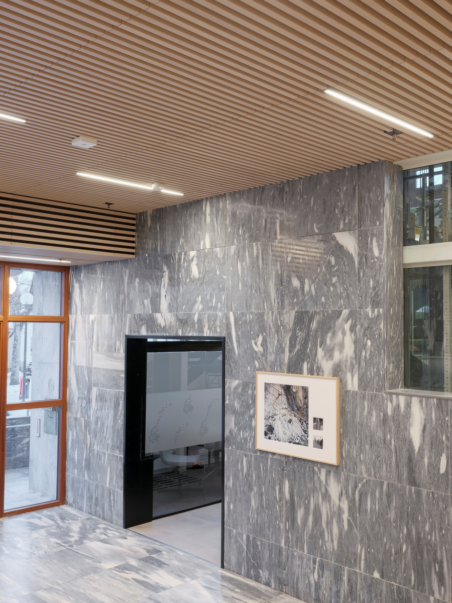 Monica Flakk bor og arbeider i Oslo, der hun også er utdannet på Kunsthøgskolen. Kjernen i hennes produksjoner omhandler steiner og fjell, som formidles gjennom fotografi og avstøpninger. Kunstverket "Marks in the Archive #1" består av ulike fotografiske utsnitt med naturstein, som er satt sammen til en komposisjon. Utsnittene bidrar til en anonymisering av geografiske beliggenhet og størrelse. De blir fragmenter av en større helhet, der farger, strukturer og den geologiske historien fremheves. Fotografiene i samspill blir et fortellende grep som forsterkes ved at verket er montert direkte på fauskemarmoren i lokalet, og knyttes opp til bygget i seg selv.