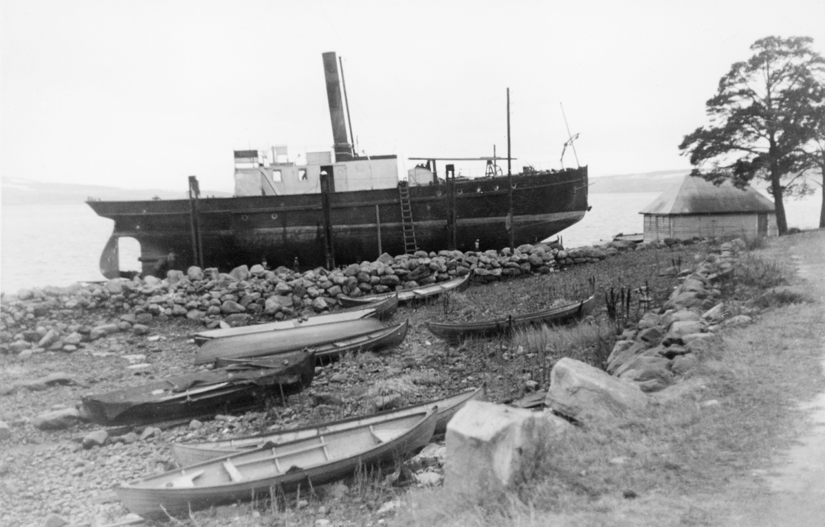 D/S Thor på land, flere robåter.  
D/S Thor var den kraftigste av tømmerslepebåtene på Mjøsa.  Fartøyet ble bygd i 1875, og de første åra ble Thor brukt til å frakte godslektere fra Eisvoll jernbanestasjon til byene og tettstedene langs Mjøsa. Fra tida omkring århundreskiftet (1900), da disse befolkningskonsentrasjonene hadde fått jernbaneforbindelse, ble dette fartøyet mest brukt til tømmersleping og isbryting.  Fra 1898 til 1940 var det Eidsvold Damåpskibsselskap som leide ut Thor til slike formål, fra 1940 overtok Glomma fellesfløtingsforening båten, som gikk med tømmerslep over Mjøsa fram til 1954. 