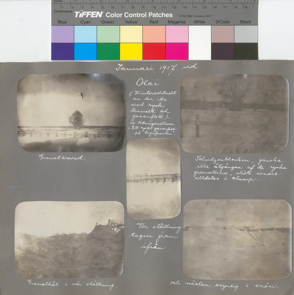 Text i fotoalbum: "Januari 1917 vid Olai. (Winterschlacht am der Aa med ryska tumeld och gasanfall). Se tidningsnotisen "Ett ryskt gasanfall på Rigafronten". Schulzenblocken, ganska illa åtgången af de ryska ganaterna, sköts senare alldeles i klump".