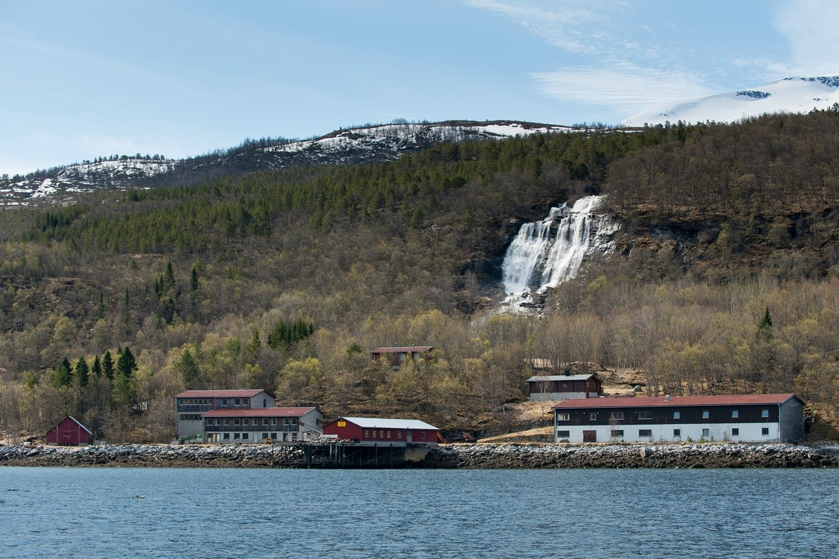 Forsheim, hytter, nedlagt gårdbruk, tidligere forskningsstasjon, sørsiden av Skjomenfjorden i Narvik kommune. Foto: Harald Harnang.