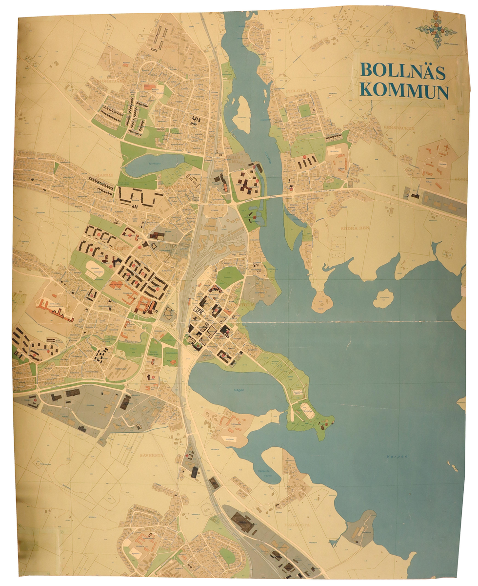 Karta över Bollnäs där byggnader och kvarter ritade av Heino Krabu markerats.