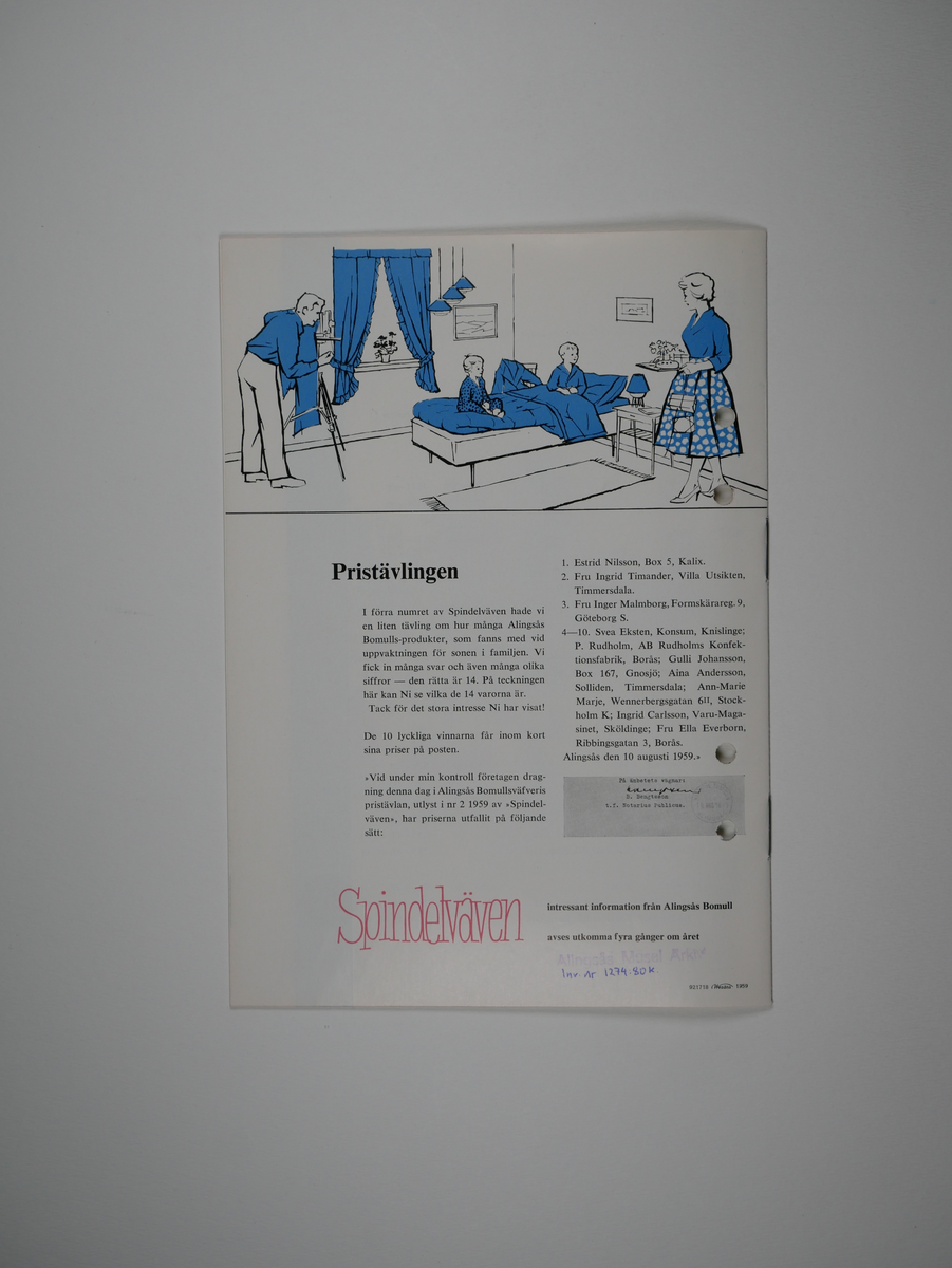 Spindelväven.

Tidskrift utgiven av Alingsås bomullsväveri AB 1956 - 1959.
11 nummer (a - k).