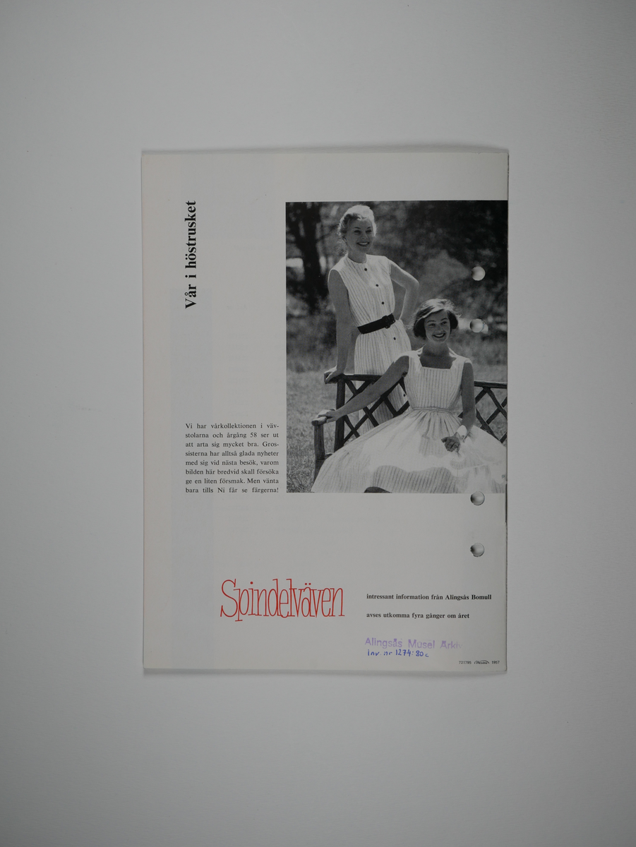 Spindelväven.

Tidskrift utgiven av Alingsås bomullsväveri AB 1956 - 1959.
11 nummer (a - k).