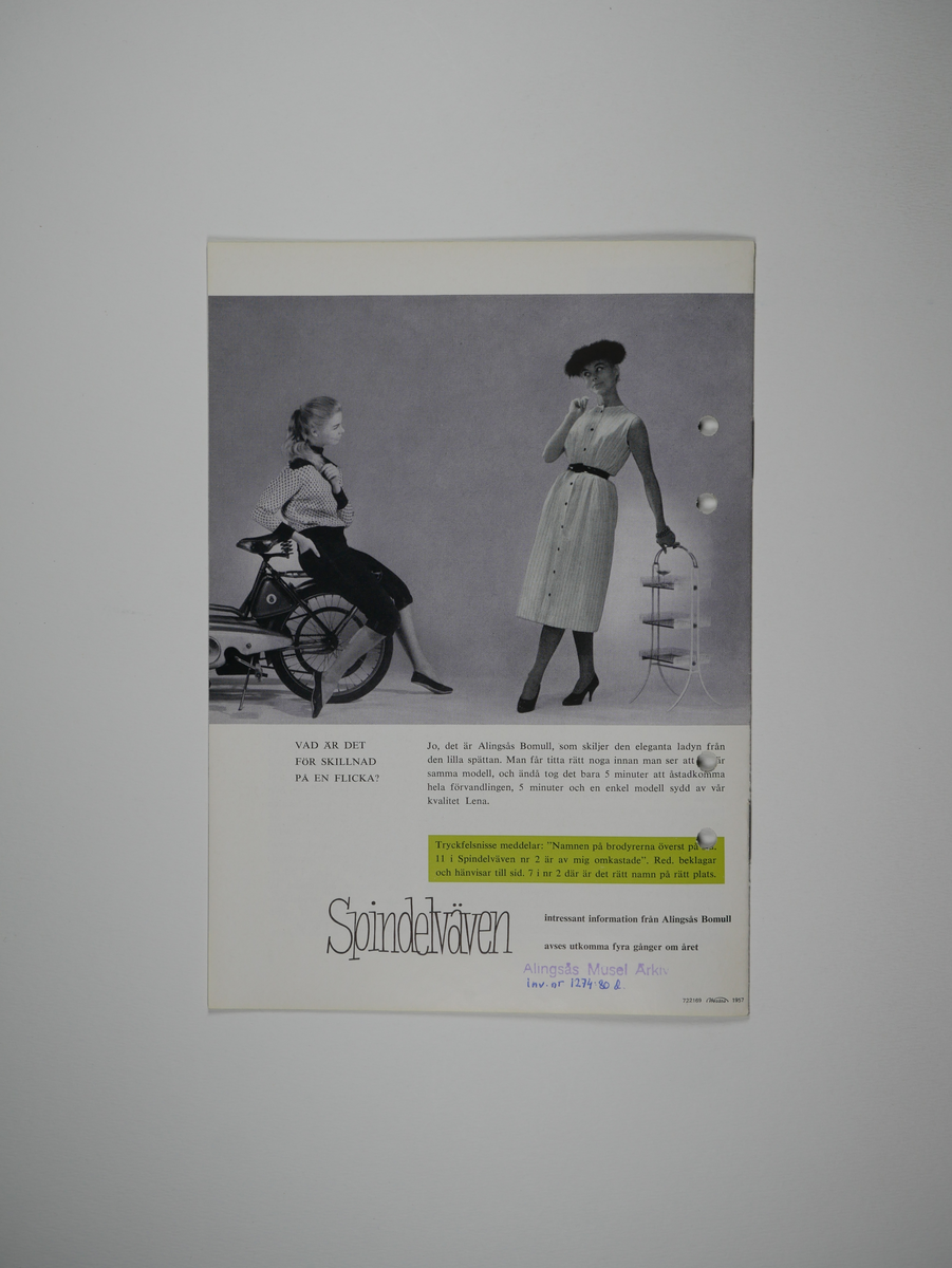 Spindelväven.

Tidskrift utgiven av Alingsås bomullsväveri AB 1956 - 1959.
11 nummer (a - k).