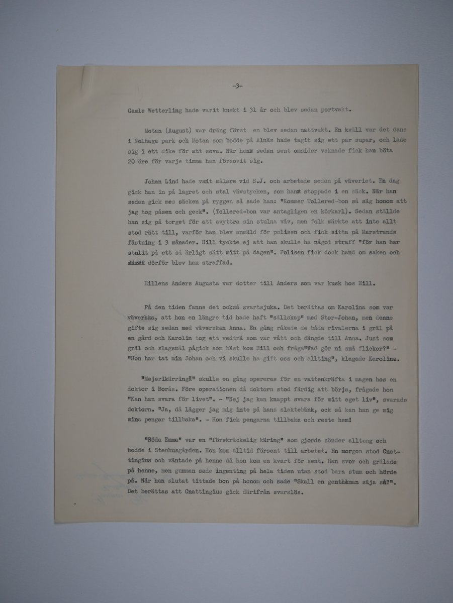 Alingsås bomullsväveri AB.

Diverse excerpter med mera till historik.
Maskinskrivna lösblad.
Trycksaker.
Brevpapper.
Fakturaunderlag.
Priskuranter.

Inkluderar exempel på stämplar till olika tygsorter;
bland andra
EXTRA FINA TRE KRONOR
PRIMA ÖRNEN
TRE LILJOR