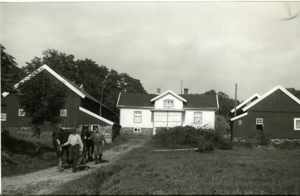 Arbetskarlar kommer gående med hästar vid Ysby gård i Vallda.