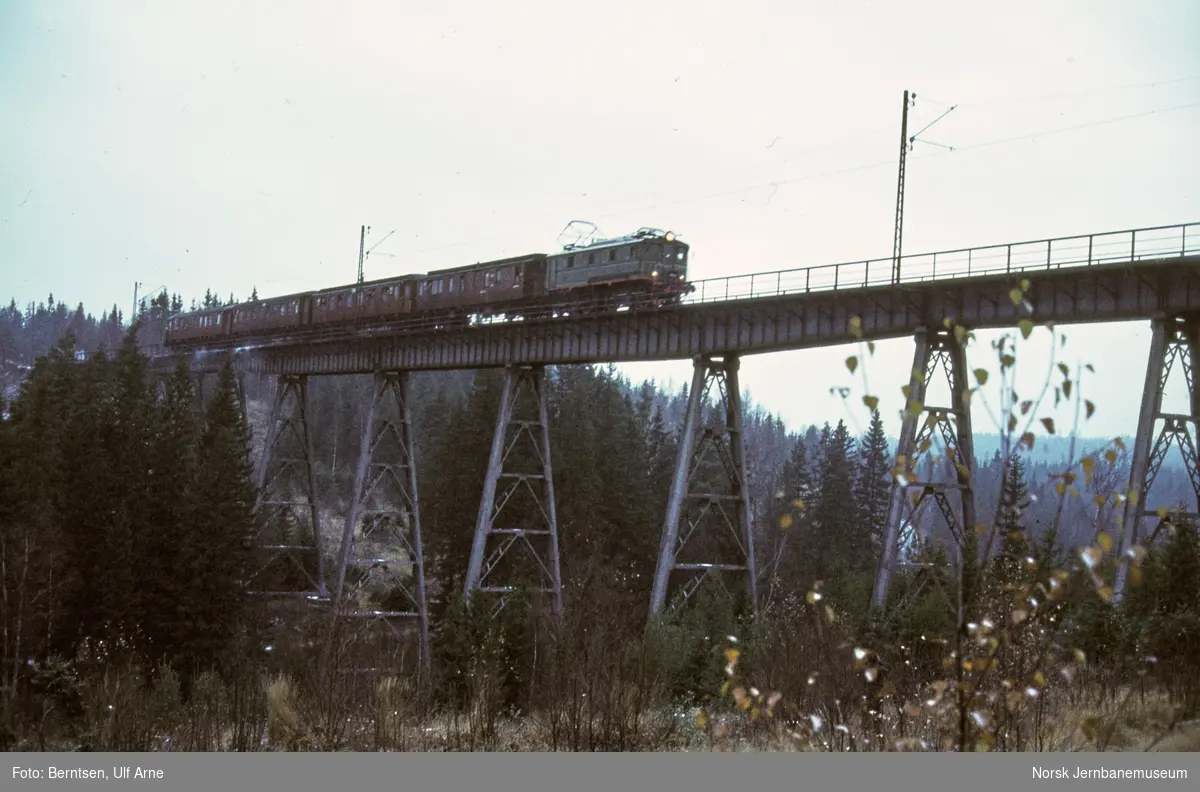 Elektrisk lokomotiv El 5 2039 med veterantog på Lysedal viadukt mellom Prestebakke og Kornsjø på Østfoldbanen