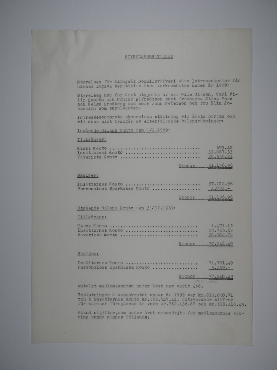 Alingsås Bomullsväveri AB

Intressekontoret.
Verksamhetsberättelser 1928 - 1960.
Maskinskrivna och buntade i en volym.

Intressekontoret öppnade 1919, vid Stora torget.
Dess uppgift var att 'stå den vid Bolaget anställda personal till tjänst vid ordnandet af dess ekonomi samt att främja dess sociala intressen.'

Det var frivilligt om man vill ansluta sig, 
Det var företaget som stod för verksamheten vid Intressekontoret.

Gåva 1983-05 Almedahls AB, Alingsås