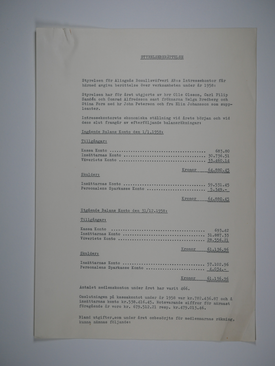 Alingsås Bomullsväveri AB

Intressekontoret.
Verksamhetsberättelser 1928 - 1960.
Maskinskrivna och buntade i en volym.

Intressekontoret öppnade 1919, vid Stora torget.
Dess uppgift var att 'stå den vid Bolaget anställda personal till tjänst vid ordnandet af dess ekonomi samt att främja dess sociala intressen.'

Det var frivilligt om man vill ansluta sig, 
Det var företaget som stod för verksamheten vid Intressekontoret.

Gåva 1983-05 Almedahls AB, Alingsås