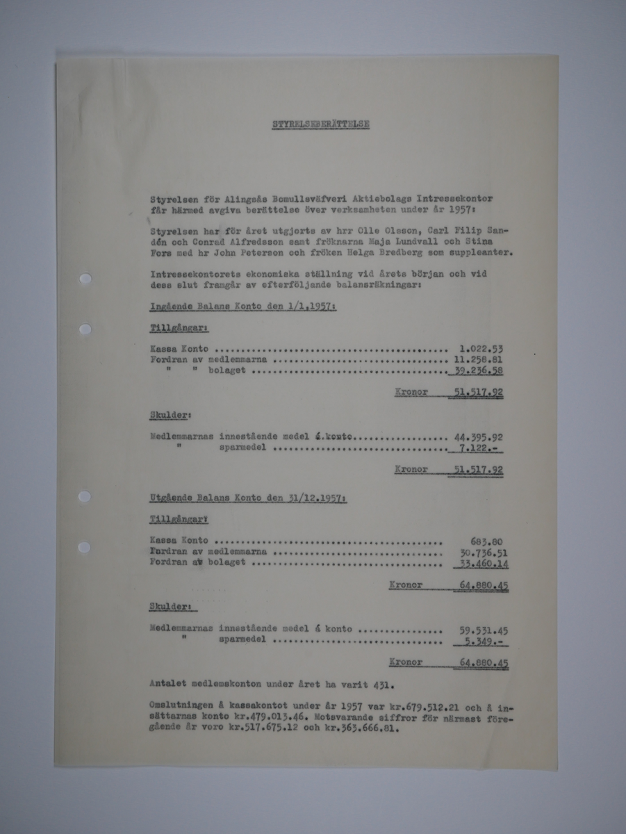 Alingsås Bomullsväveri AB

Intressekontoret.
Verksamhetsberättelser 1928 - 1960.
Maskinskrivna och buntade i en volym.

Intressekontoret öppnade 1919, vid Stora torget.
Dess uppgift var att 'stå den vid Bolaget anställda personal till tjänst vid ordnandet af dess ekonomi samt att främja dess sociala intressen.'

Det var frivilligt om man vill ansluta sig, 
Det var företaget som stod för verksamheten vid Intressekontoret.

Gåva 1983-05 Almedahls AB, Alingsås