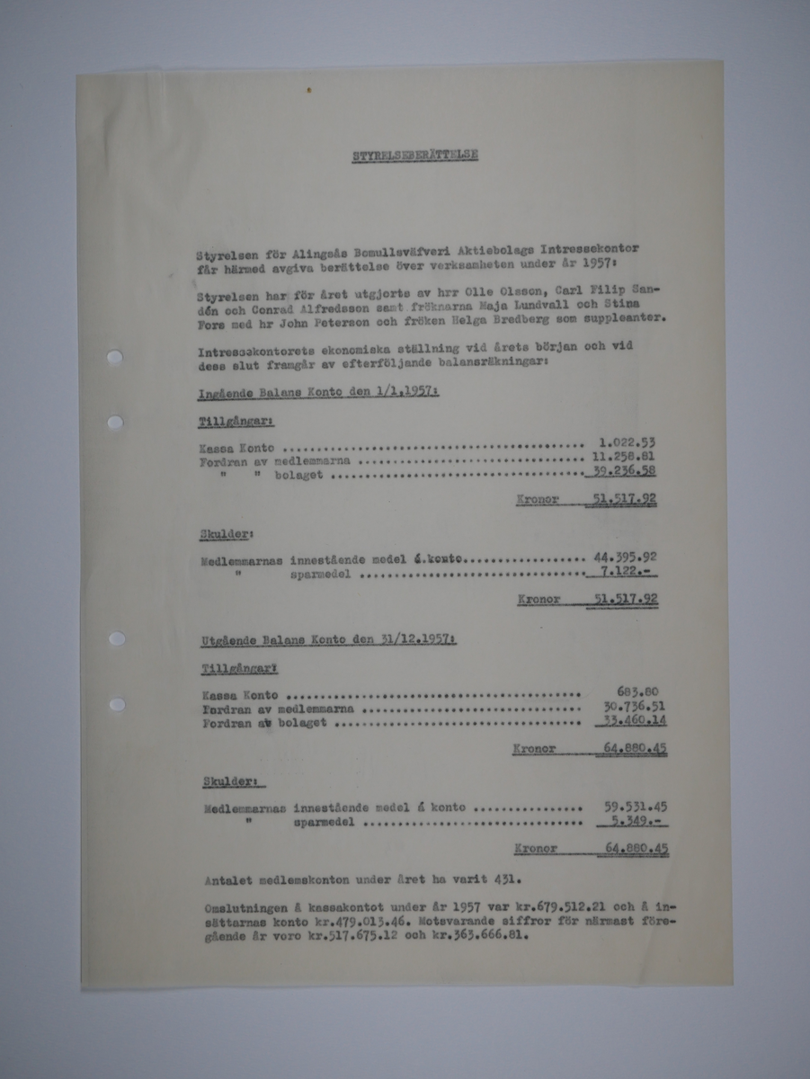 Alingsås Bomullsväveri AB

Intressekontoret.
Verksamhetsberättelser 1928 - 1960.
Maskinskrivna och buntade i en volym.

Intressekontoret öppnade 1919, vid Stora torget.
Dess uppgift var att 'stå den vid Bolaget anställda personal till tjänst vid ordnandet af dess ekonomi samt att främja dess sociala intressen.'

Det var frivilligt om man vill ansluta sig, 
Det var företaget som stod för verksamheten vid Intressekontoret.

Gåva 1983-05 Almedahls AB, Alingsås