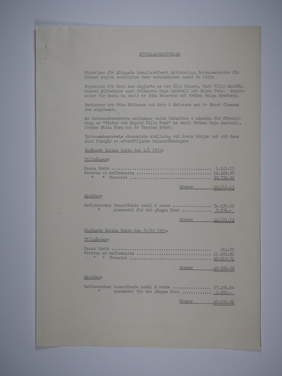 Alingsås Bomullsväveri AB

Intressekontoret.
Verksamhetsberättelser 1928 - 1960.
Maskinskrivna och buntade i en volym.

Intressekontoret öppnade 1919, vid Stora torget.
Dess uppgift var att 'stå den vid Bolaget anställda personal till tjänst vid ordnandet af dess ekonomi samt att främja dess sociala intressen.'

Det var frivilligt om man vill ansluta sig, 
Det var företaget som stod för verksamheten vid Intressekontoret.

Gåva 1983-05 Almedahls AB, Alingsås