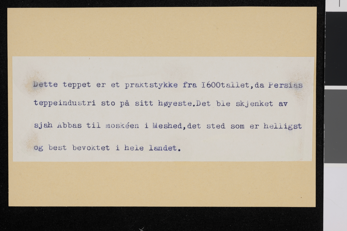 Persisk teppe fra 1600-tallet. Teppet ble gitt i gave til Meskel Moskeè av Sjah Abbas skriver Meyer. Fotografi tatt av/ samlet inn av Elisabeth Meyer fra reise til Iran 1929.