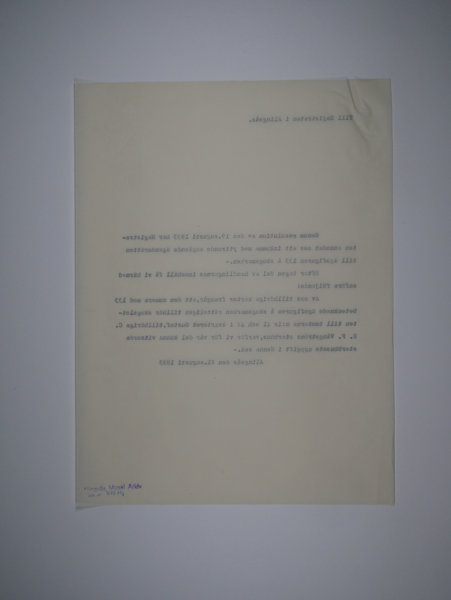 Alingsås Bomullsväveri AB

Protokoll med mera rörande bland annat Alingsås bomullsväveri och Charles Hill.
Magistraten, Alingsås 1923 - 1935.
Bunt.

Gåva 1983-05 av Almedahls AB
