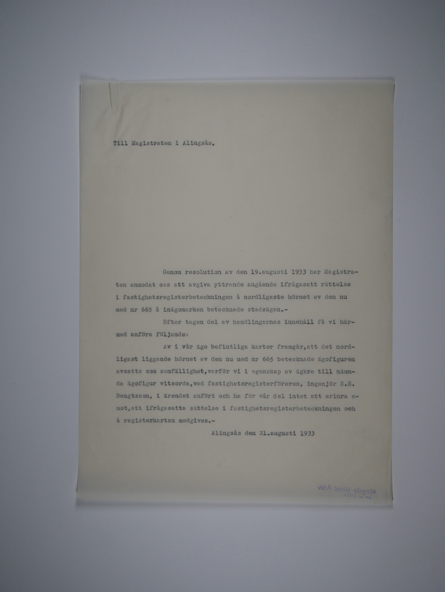 Alingsås Bomullsväveri AB

Protokoll med mera rörande bland annat Alingsås bomullsväveri och Charles Hill.
Magistraten, Alingsås 1923 - 1935.
Bunt.

Gåva 1983-05 av Almedahls AB
