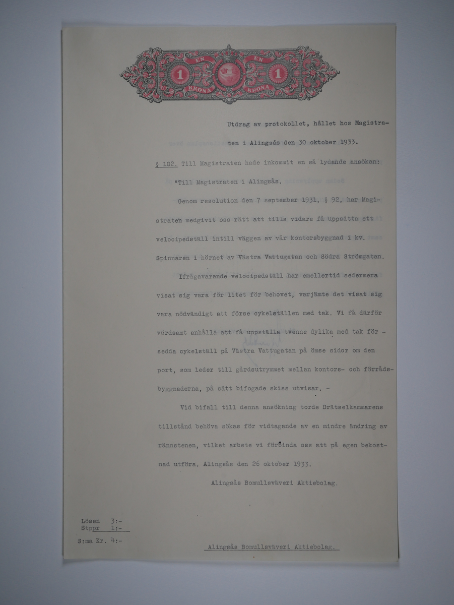 Alingsås Bomullsväveri AB

Protokoll med mera rörande bland annat Alingsås bomullsväveri och Charles Hill.
Magistraten, Alingsås 1923 - 1935.
Bunt.

Gåva 1983-05 av Almedahls AB
