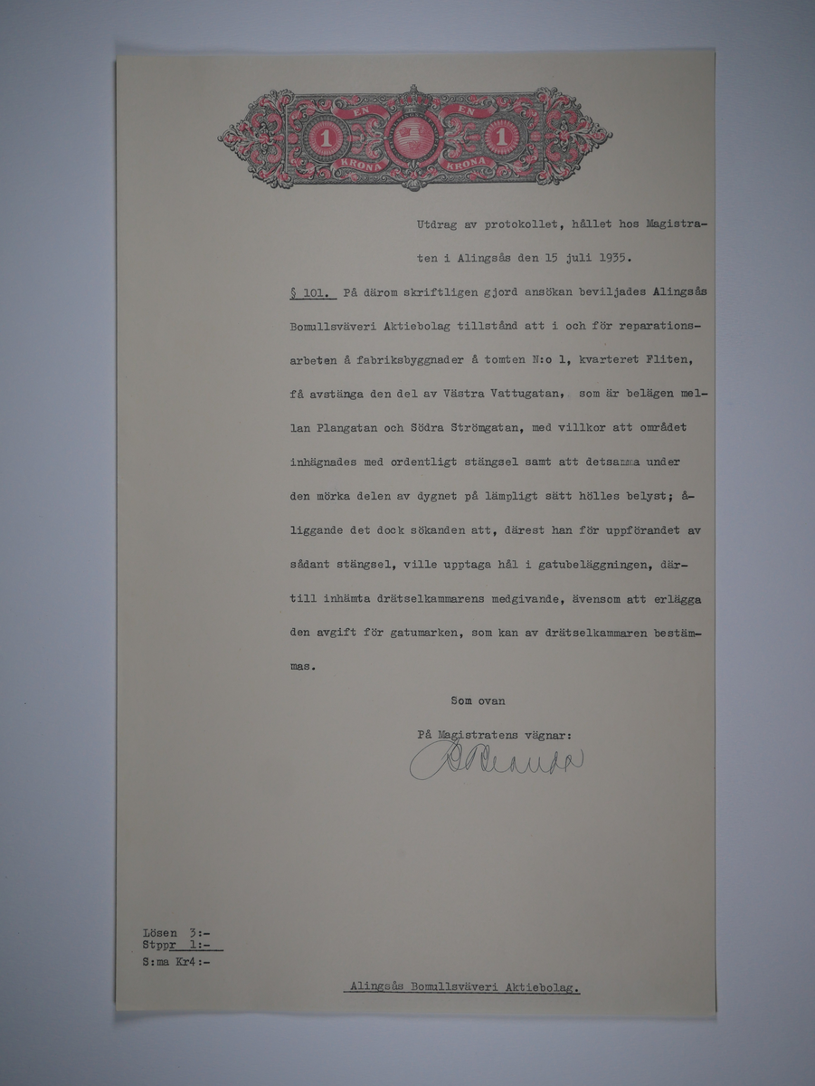 Alingsås Bomullsväveri AB

Protokoll med mera rörande bland annat Alingsås bomullsväveri och Charles Hill.
Magistraten, Alingsås 1923 - 1935.
Bunt.

Gåva 1983-05 av Almedahls AB
