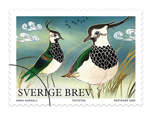 Vårfåglar. Häfte. Tofsvipa ett av 10 frimärken med olika motiv för inrikes Sverige brev.