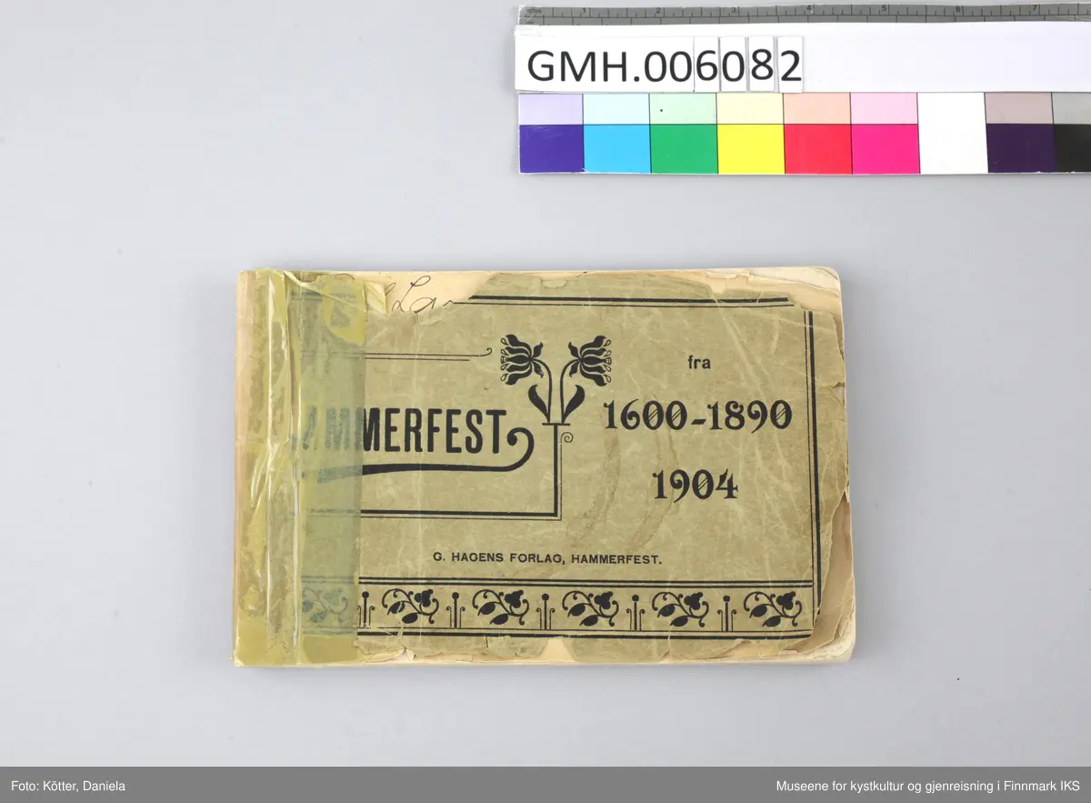 Boka er utgitt av G. Hagens forlag i 1904 og inneholder på de første sidene, reproduksjoner av fremstillinger av Hammerfest mellom 1600 og 1813. Deretter kommer fotografier med motiver fra Hammerfest mellom 1860 og frem til bybrannen 21. Juli 1890. Avslutningsvis finnes det tre motiver fra den gjenreiste byen i 1904. Den første siden har påkrevet "(?) Larsen", trolig en tidligere eier av boka. På enkelte sider er det gjort håndskriftlige notater.