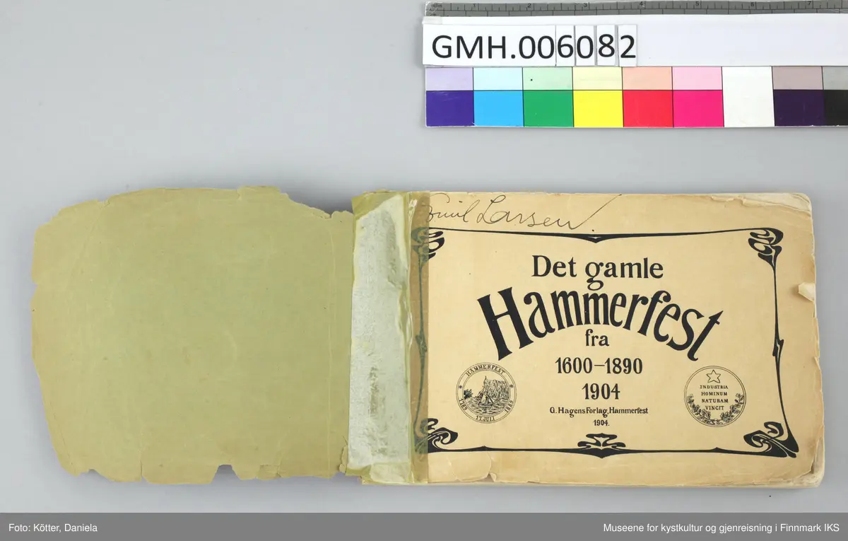 Boka er utgitt av G. Hagens forlag i 1904 og inneholder på de første sidene, reproduksjoner av fremstillinger av Hammerfest mellom 1600 og 1813. Deretter kommer fotografier med motiver fra Hammerfest mellom 1860 og frem til bybrannen 21. Juli 1890. Avslutningsvis finnes det tre motiver fra den gjenreiste byen i 1904. Den første siden har påkrevet "(?) Larsen", trolig en tidligere eier av boka. På enkelte sider er det gjort håndskriftlige notater.