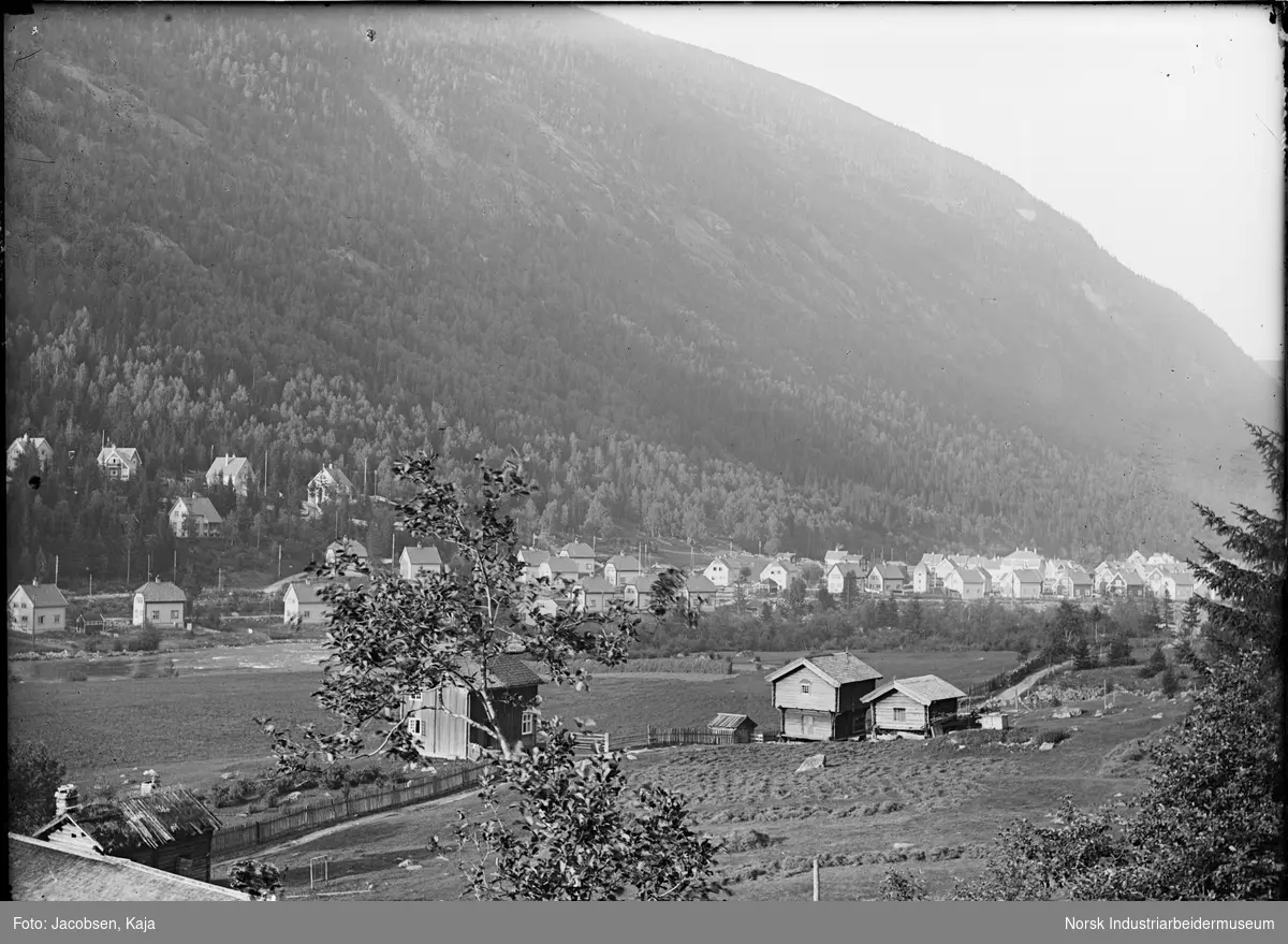 Gårdsbebyggelse på sørsiden av Månaelven ved Mæland. Bebyggelse i Blindtarmen,Skogveien og på Ingolfsland på nordsiden av elva. Hesjer med gress stående på jordet foran gårdsbygningene. Brannstasjon i Sam Eydes gate/Tinngate.