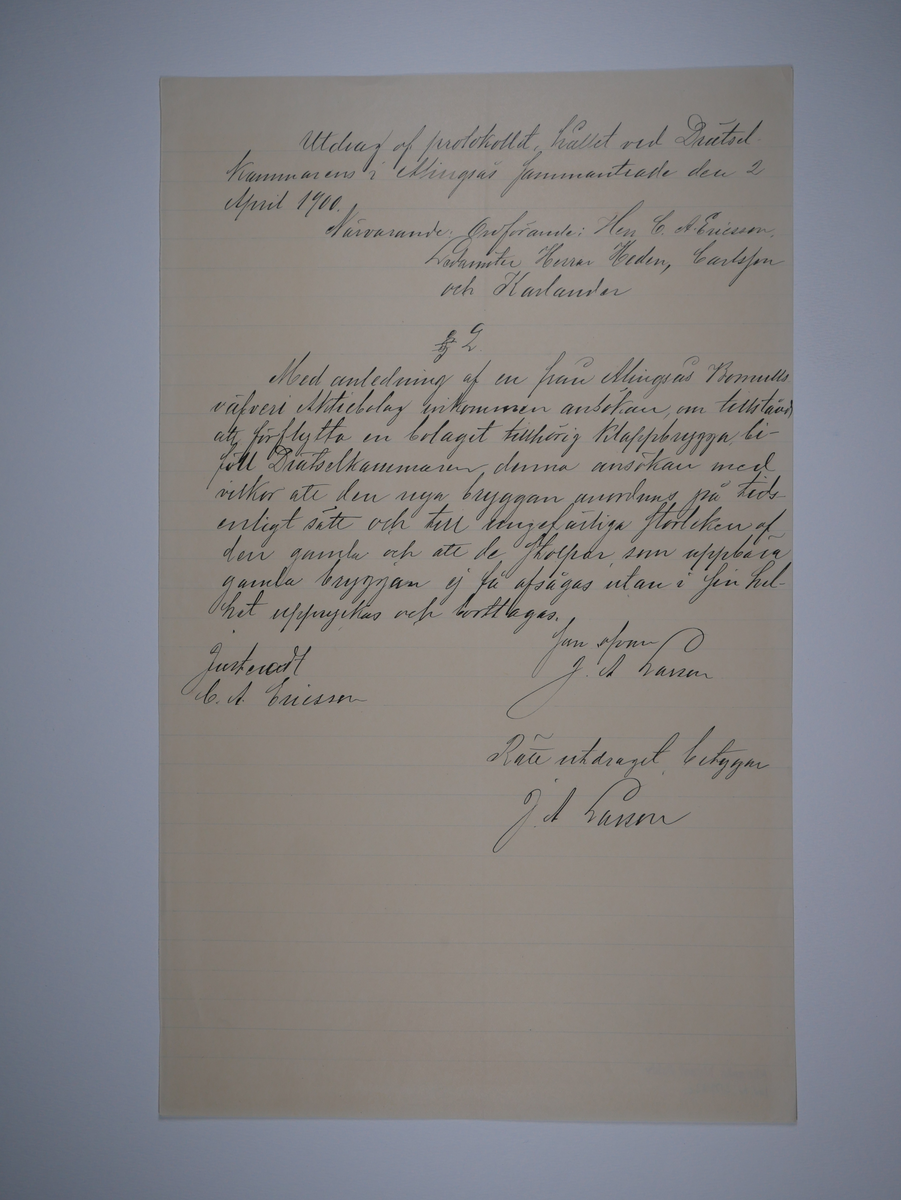Alingsås Bomullsväveri AB

Blandade handlingar, bland annat rörande företagets badhus och klappbrygga.
Även protokollsavskrifter rörande ABV.
1896 - 1900.
Handskrivna handlingar.

Gåva 1983-05 av Almedahls AB