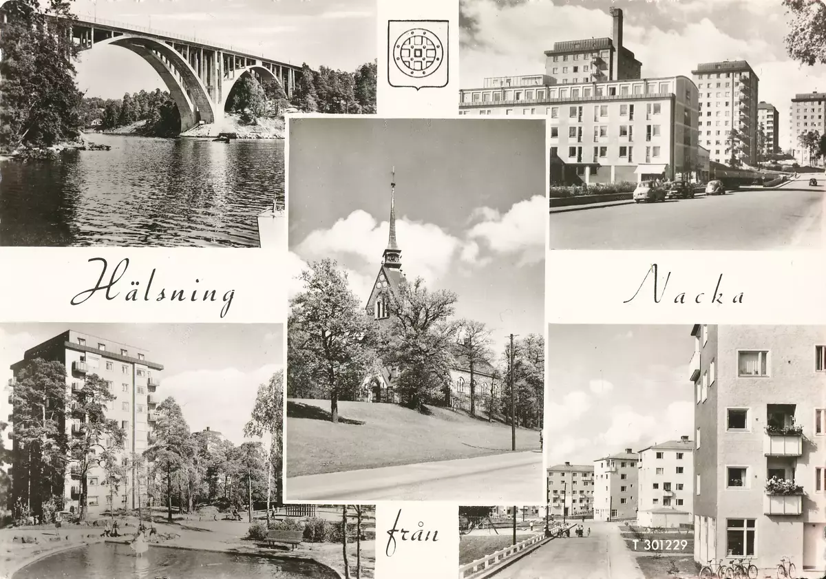 Vykort, Hälsning från Nacka. 1950, 1960-tal. Motiven föreställer Skurubron, Finntorp, Alphyddan, Nacka Kyrka. 