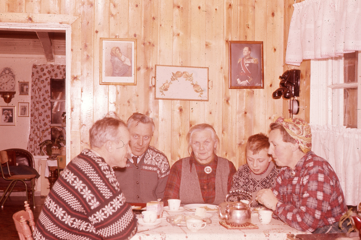 Selskap
Fra kjøkkenet i Grasdokk. Fra venstre: Einar Klype, Lars Grasdokk, Eli (Øli) Grasdokk, Edvar Klype og Sigrid Klype.
