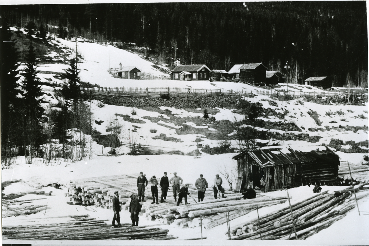 Tømmermåling v/Grasdokk -  Rukkedalen
Tømmermåling på Grasdokkvelta våren 1953. Velta lå nederst på en slåtteteig som hører Grasdokk til. Det var vanlig med løe på disse teigene fordi foret måtte lagres der til de kunne kjøre over isen. F.v. Ola Jordesplass, tømmermåler Knut Jorde, Elling Klype, Vidar Syversen, Arvid Stupa, Lars Lerskallen, Halvor Jordesplass, fløyholder Nils Grøsland, Ole Lerskallen, Ragnar Klype. I bakgrunn ser vi tunet i Grasdokk, f.v. eldhus, hallingstugu, stalltrev, låve, stolphus, fjøs og smia.     Bildebokskog
