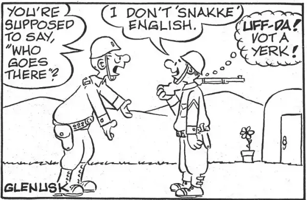 Tegnestripe to soldater i uniform som snakker sammen. Den ene er vakt med gevær over skulderen.