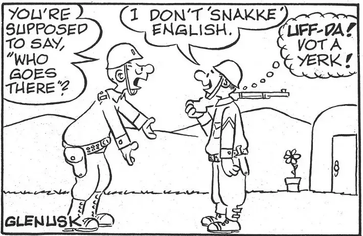 Tegnestripe to soldater i uniform som snakker sammen. Den ene er vakt med gevær over skulderen.