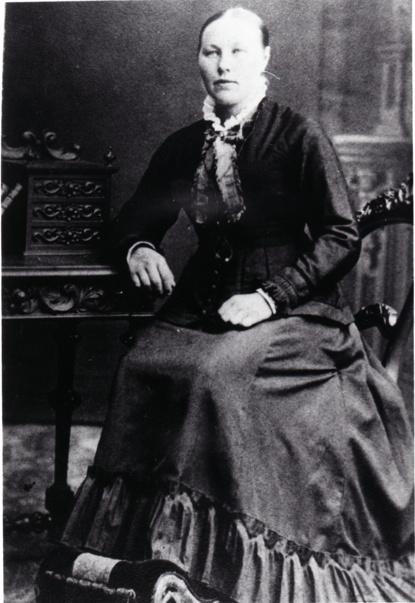 Portrett av Kari Sveinsdatter Lee, født Høllo. Utvandret i 1882 til Nasau City, Iowa. Giftet seg 15.1.1883 med Ole Olsen Lie (am. Lee). De slo seg ned som farmere i Folden, Marshall County, nordvest i Minnesota, USA. De fikk syv barn, fire gutter og tre jenter.
