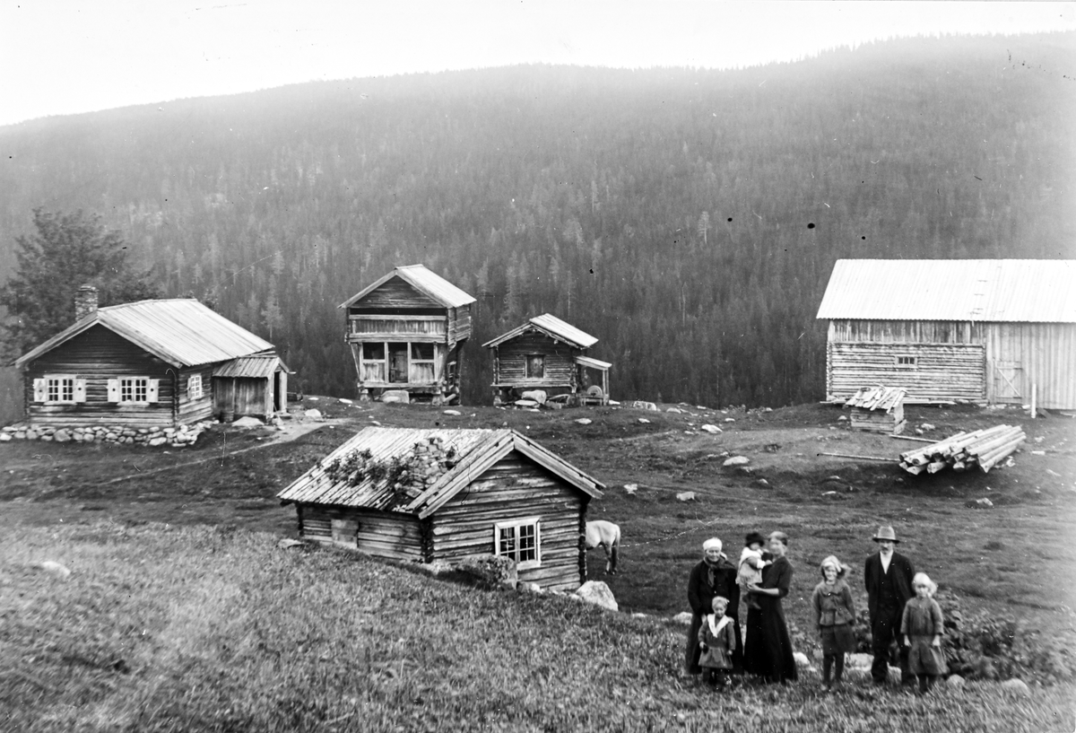 Syversrud, nordre
Syversrud.   Fra venstre: Sigrid Syversrud, Guro Solheim med en av barna  i armene. mannen med hatt er Svein Solheim. Skolen som ble bygget i 1881. Tatt ned 1915/-16 og flyttet til Espeset. Den sto bak stabbura.
