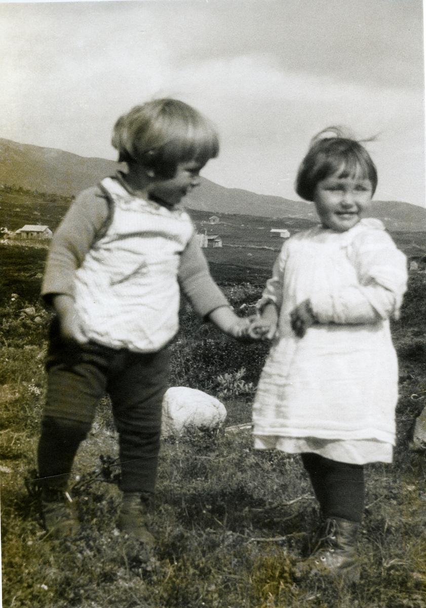 Barn på setervollen på Buvassli i Ytre Nes: John Lunde Sveinsson og Astrid E. Mjølid, seinere gift Roløkken.
