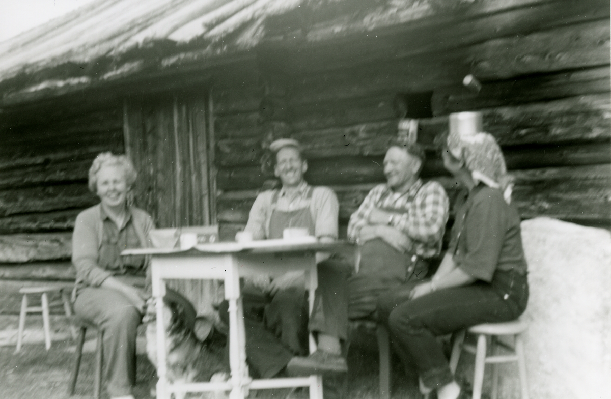 Matkvil ved Dokkbua på Myte
Matkvil ved Dokkebua på Myte. F.v. Elsa Sveinsson, f. Ziegler, 1908-1980, Eirik Skjellerud, Martin Skjellerud, Torlaug Flørenes, f.Sveinsson, 1913-1995. Bildet er tatt i forbindelse med bygging av hytta Sveinsbu på Myte.
