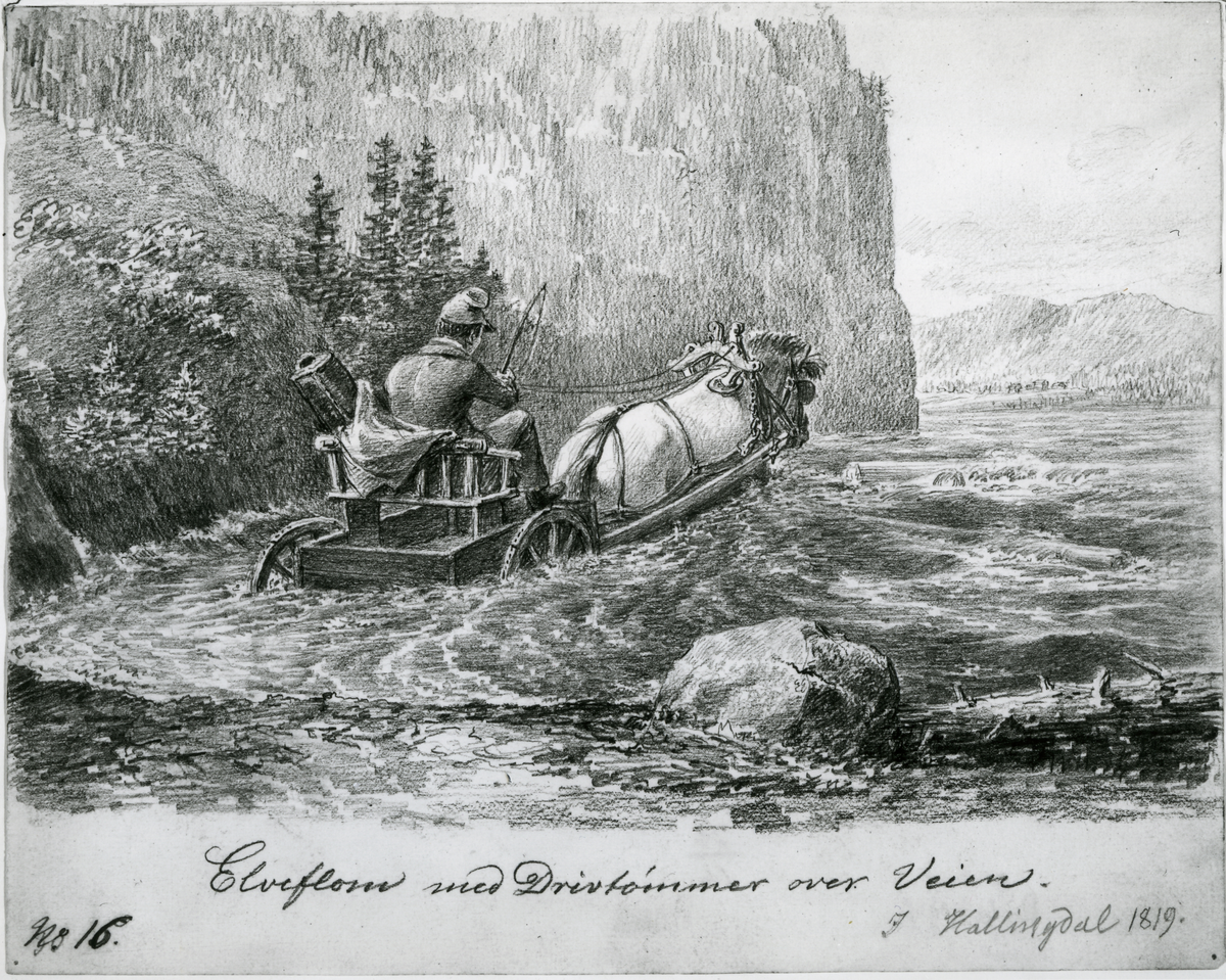 Flom
Elveflom med drivtømmer over veien ved Beia i 1819. Tegnet av Johannes Flinto.Tegningen befinner seg på Nasjonalgalleriet.
