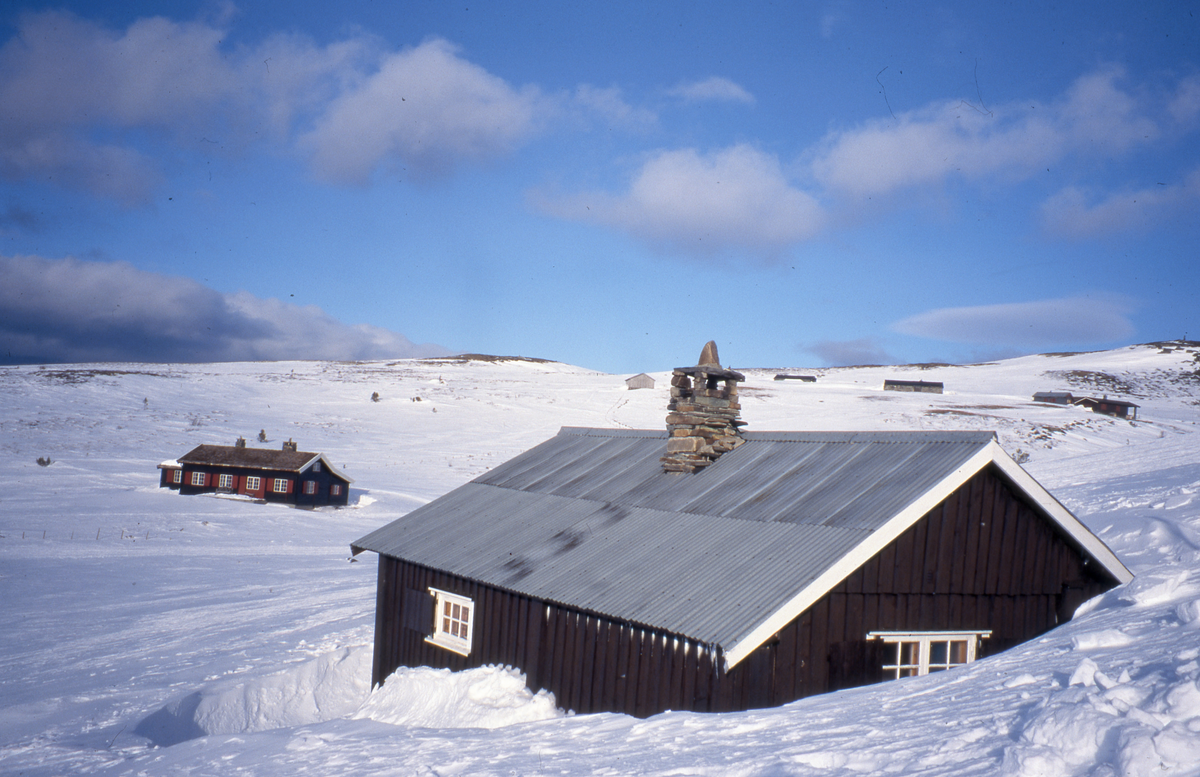 Hytter og setre i vinterlandskap
Bildet viser hytter og seterhus på Østre Brynhildsseter i Nes sørmark sameie.
