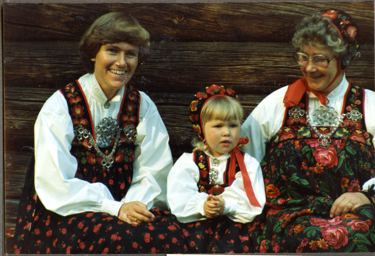 Gruppebilde f.v. Bjørg Lystad, Kristin Lystad og Gunbjørg Langaker i bunader.
