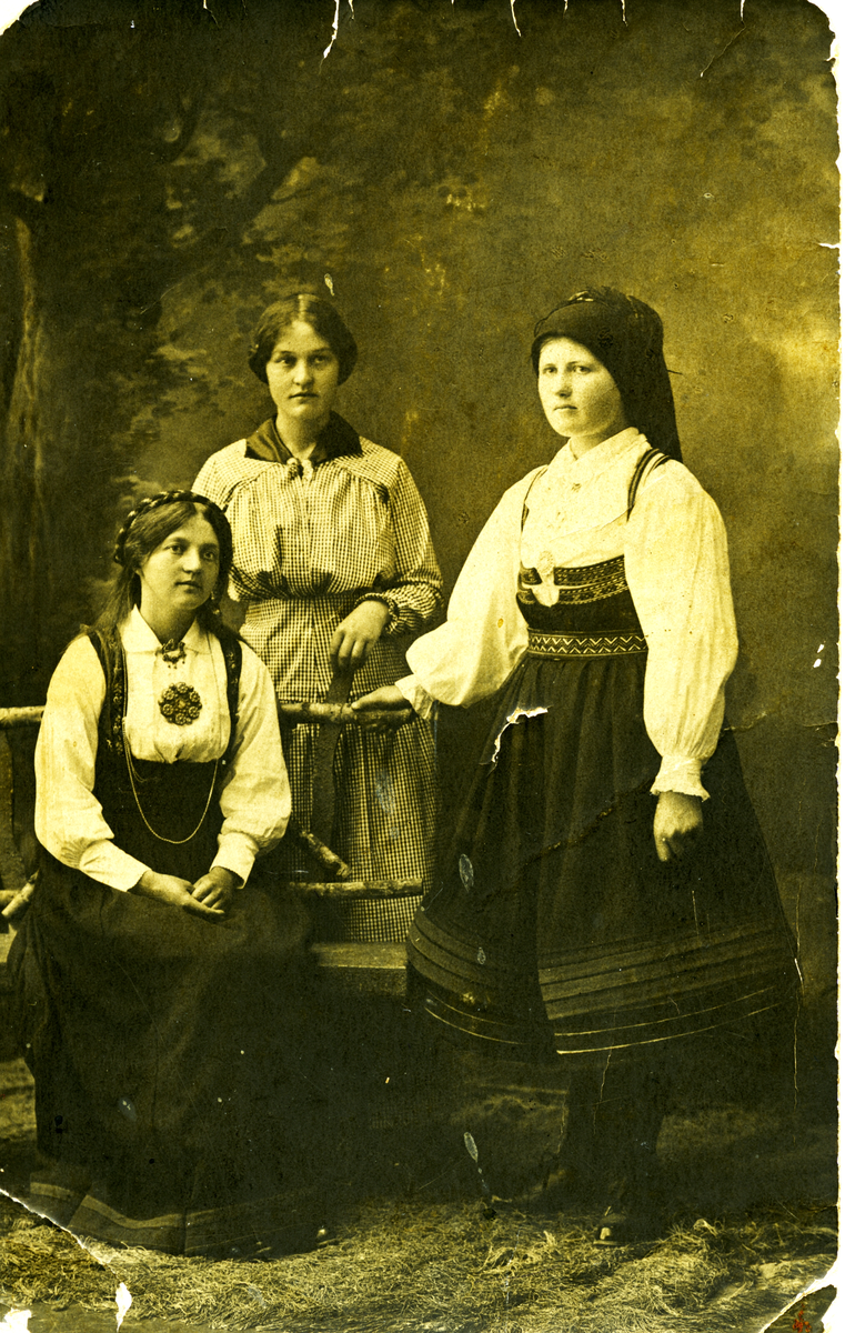 Portrett av omvisere på Bygdøy Folkemuseum. I midten Ragnhild Husemoen og to vinninder i bunad.
