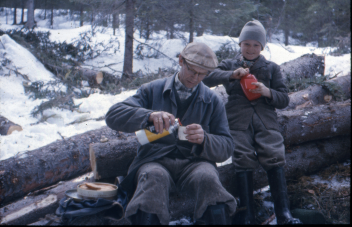 Skogsdrift  F.v. Sigurd Smette og Amund Smette har matpause på tømmerstokkene i Bråtan, skog til Øvre Børdalen.
