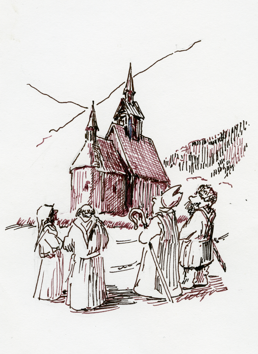 Tegning av Geir Helgen. &quot¤Bispevisitasen&quot¤  Brukt  i Jubileumsbok for Nes kirke 150 år.
